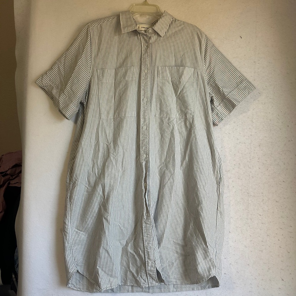 Everlane Organic Cotton Oxford Short Sleeve Stripe Shirt Dress Grey White XL